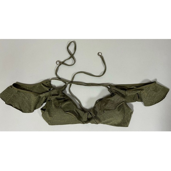 Olive Glitter Ruffle Off-The-Shoulders Bikini Swim Top Bathing Suit Size L ✨
